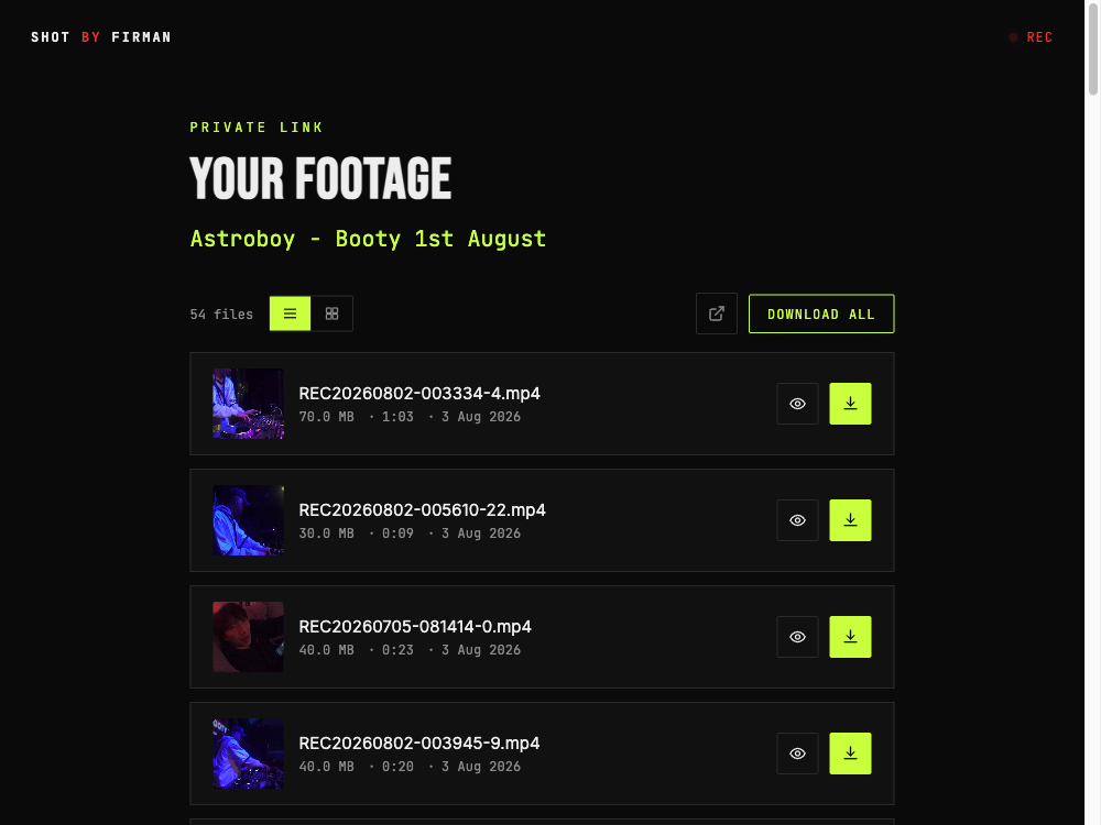 Real Shot By Firman client footage page, showing a private link with thumbnails, durations, and download options for a real booking